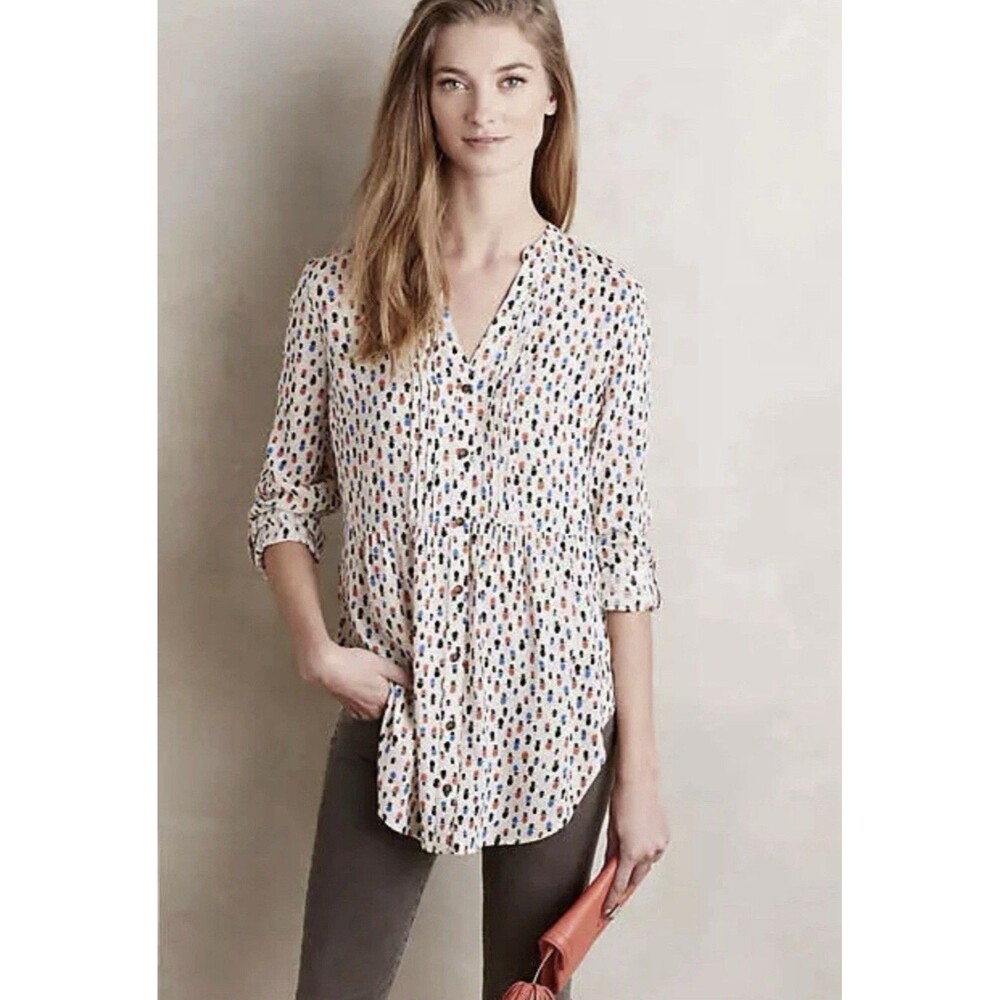 Maeve Anthropologie Calia Tunic White Motif Rayon Pin Tuck Size 8